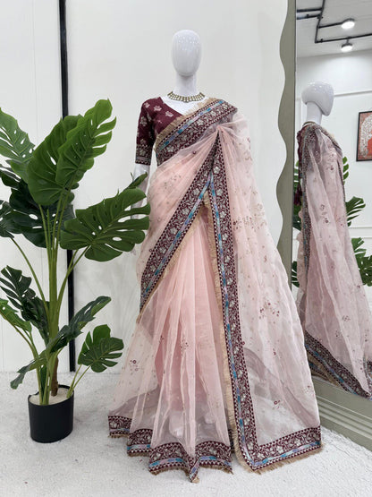 Party Wear Light Pink Color Heavy Organza Silk Thread Embroidery Work Beautiful Saree