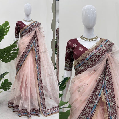 Party Wear Light Pink Color Heavy Organza Silk Thread Embroidery Work Beautiful Saree