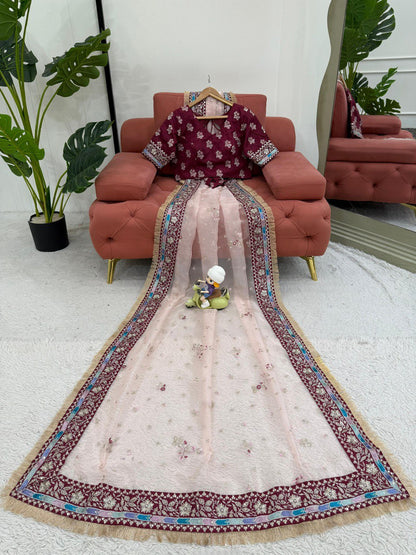 Party Wear Light Pink Color Heavy Organza Silk Thread Embroidery Work Beautiful Saree