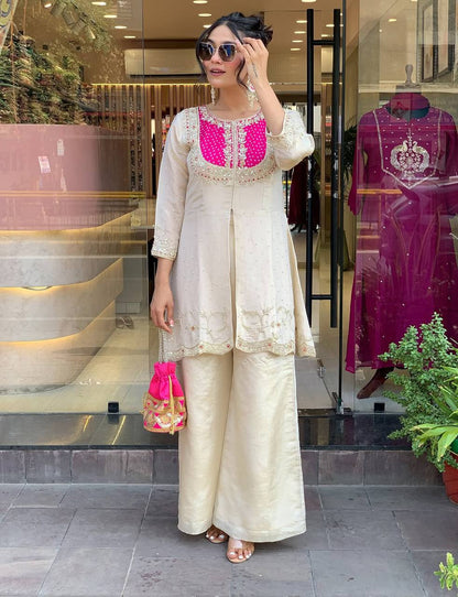 Ceremony Wear Roman Shimmer Silk With Embroidery And Coding Sequine Work Cord Set Palazzo Suit