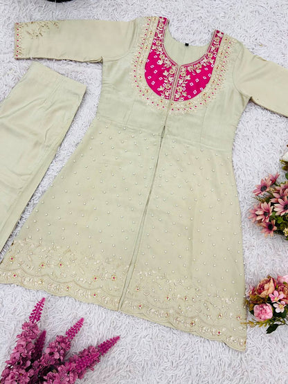Ceremony Wear Roman Shimmer Silk With Embroidery And Coding Sequine Work Cord Set Palazzo Suit
