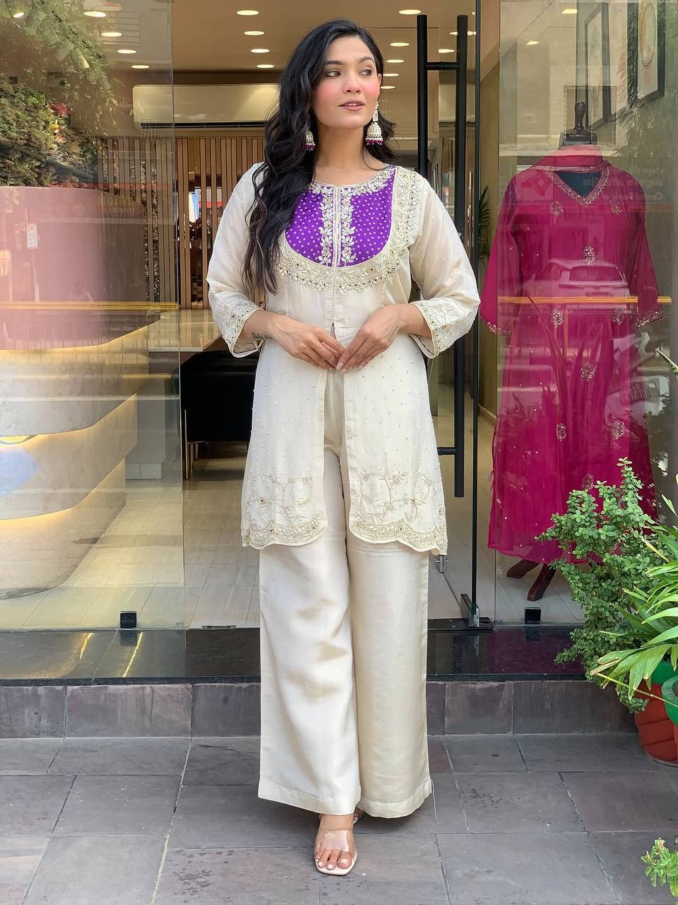 Function Wear Roman Shimmer Silk With Embroidery And Coding Sequine Work Cord Set Palazzo Suit