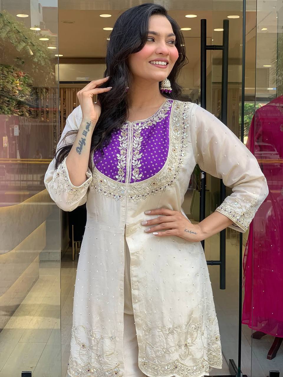 Function Wear Roman Shimmer Silk With Embroidery And Coding Sequine Work Cord Set Palazzo Suit