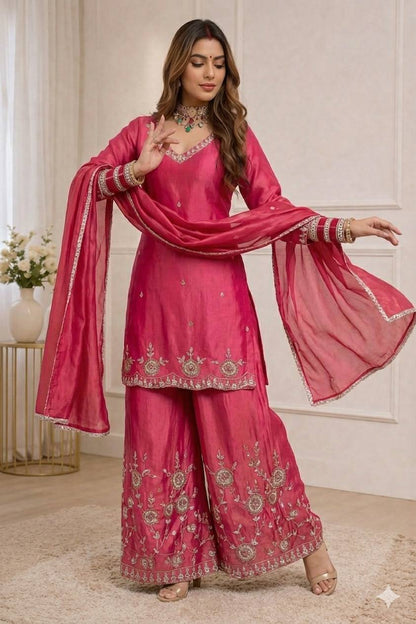 Admiring Pink Color Sequence Embroidered Palazzo Suit With Dupatta