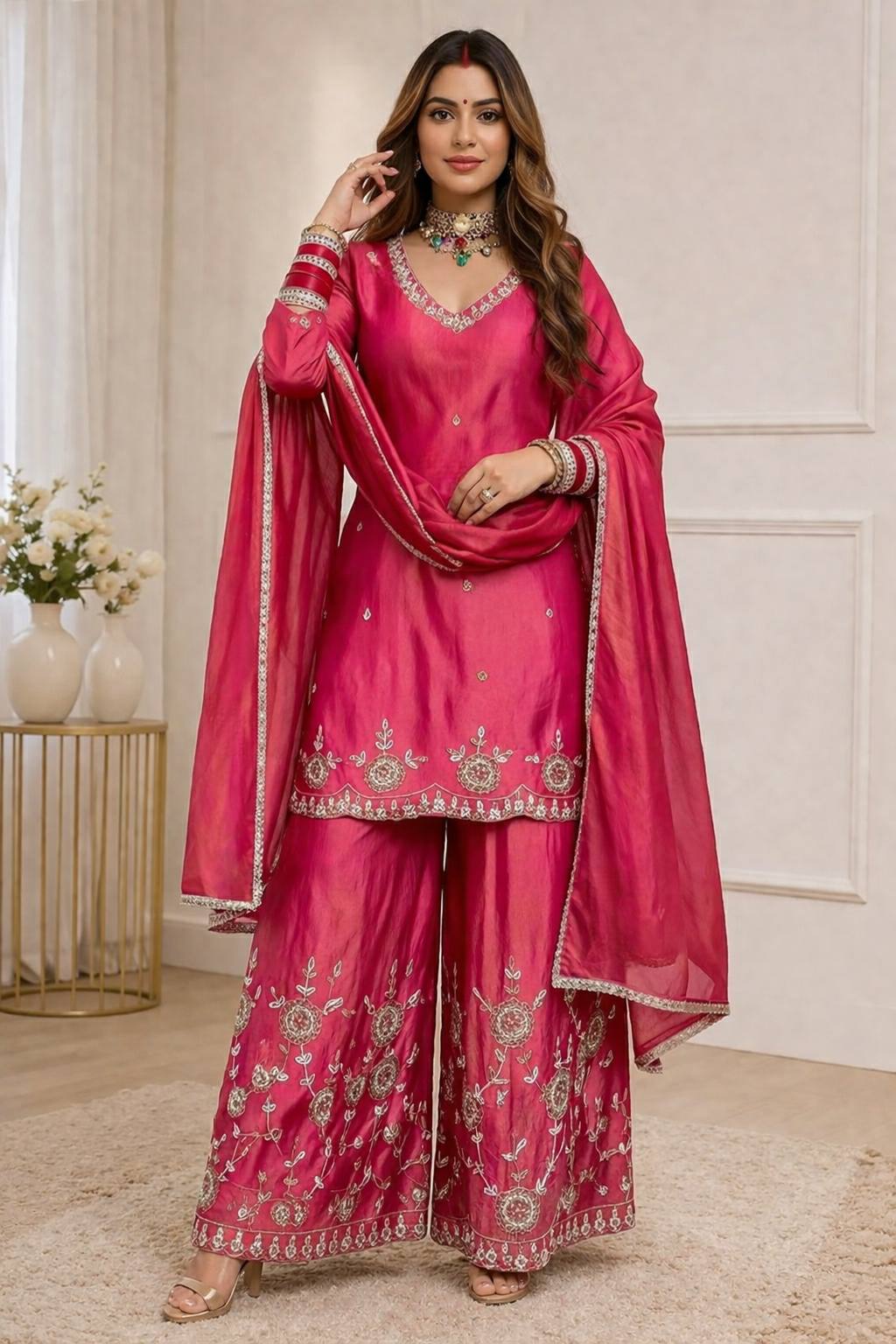 Admiring Pink Color Sequence Embroidered Palazzo Suit With Dupatta