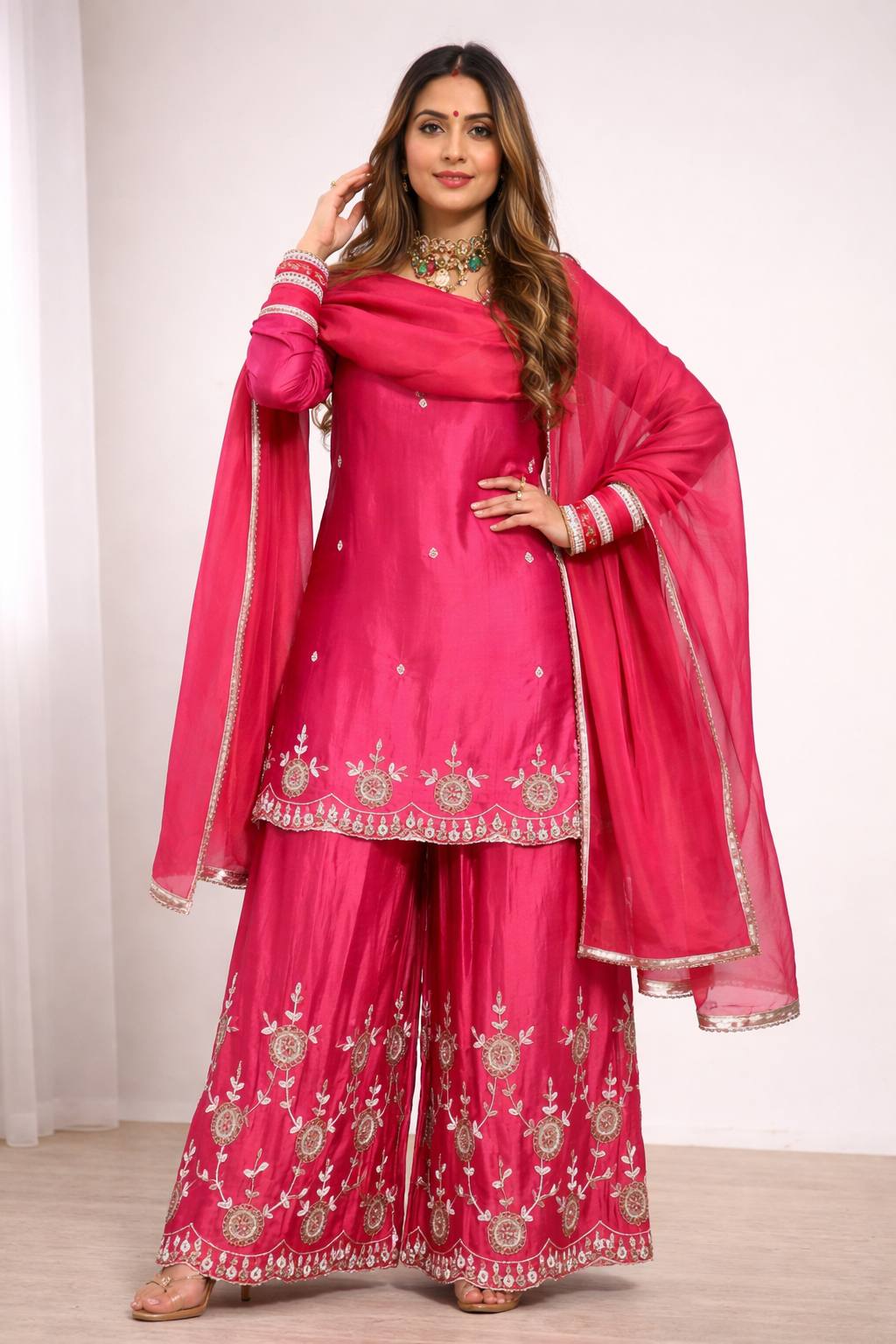 Admiring Pink Color Sequence Embroidered Palazzo Suit With Dupatta