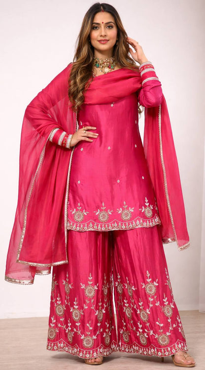 Admiring Pink Color Sequence Embroidered Palazzo Suit With Dupatta
