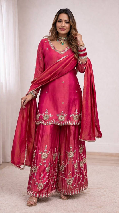 Admiring Pink Color Sequence Embroidered Palazzo Suit With Dupatta