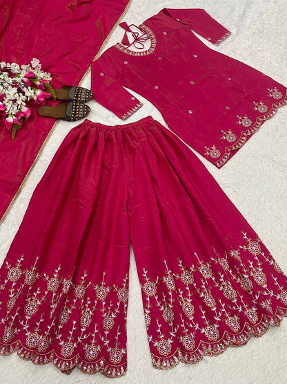 Admiring Pink Color Sequence Embroidered Palazzo Suit With Dupatta