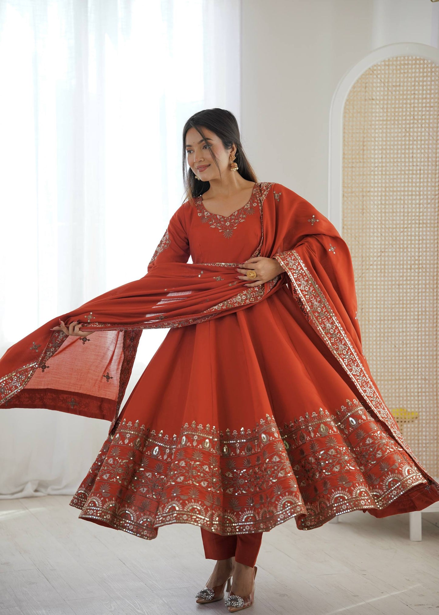 Arti Chauhan Wear Orange Color Sequence Embroidered Anarkali Suit With Dupatta