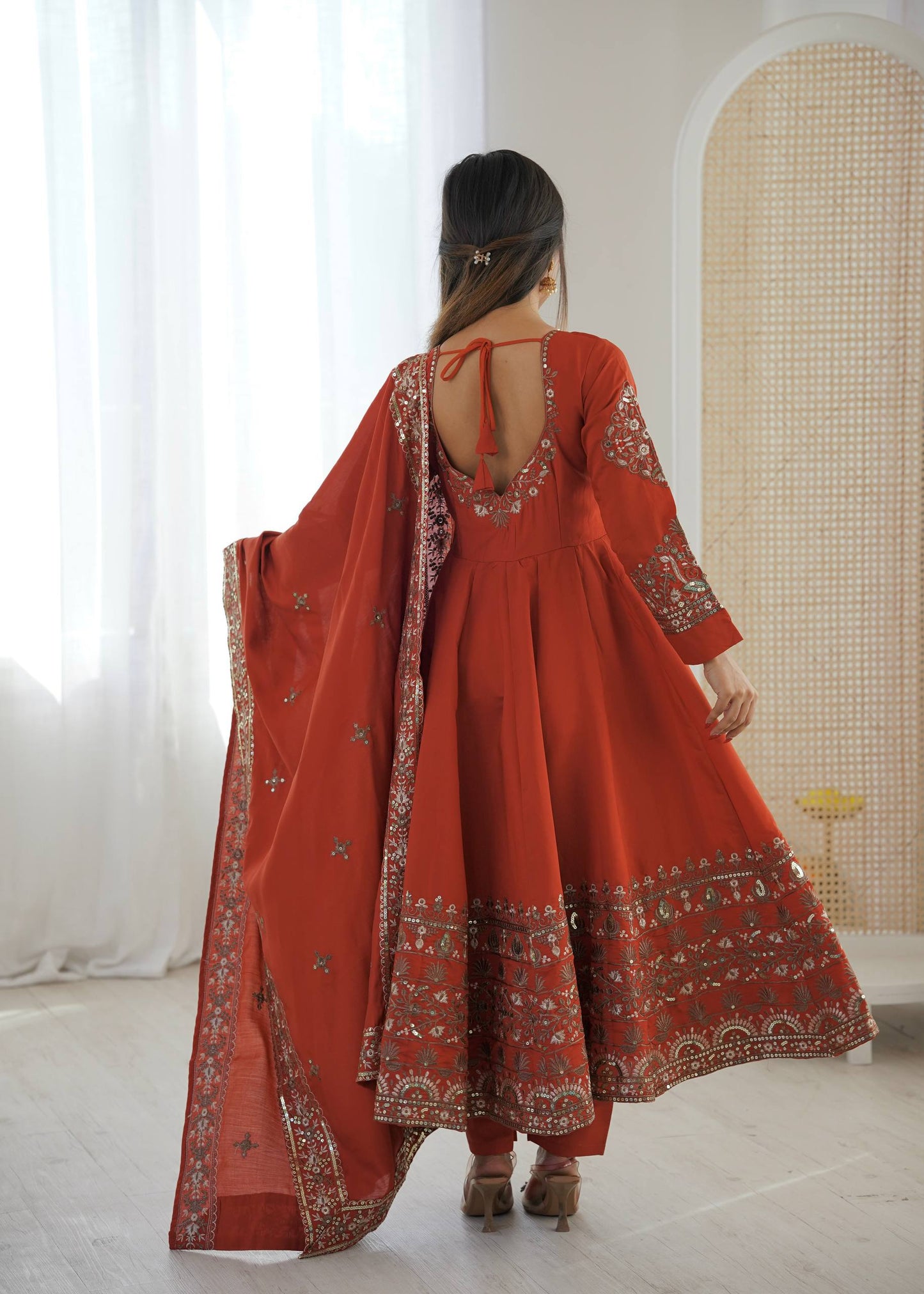 Arti Chauhan Wear Orange Color Sequence Embroidered Anarkali Suit With Dupatta