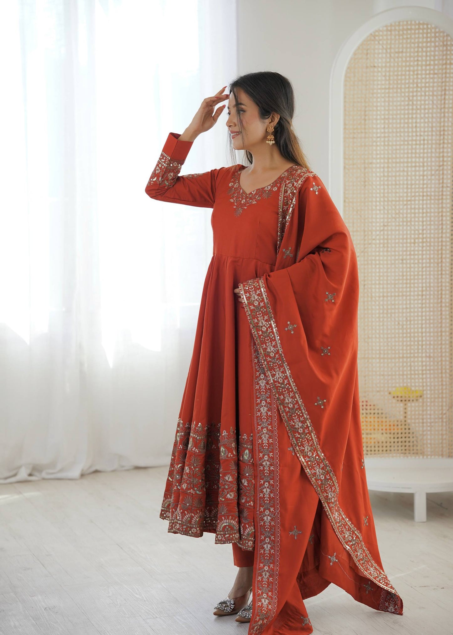 Arti Chauhan Wear Orange Color Sequence Embroidered Anarkali Suit With Dupatta