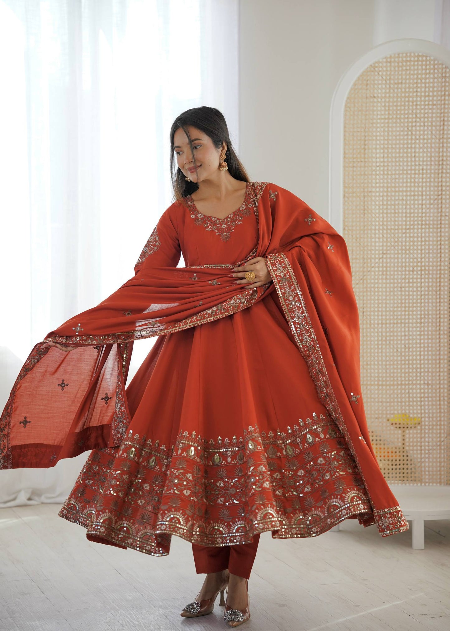 Arti Chauhan Wear Orange Color Sequence Embroidered Anarkali Suit With Dupatta