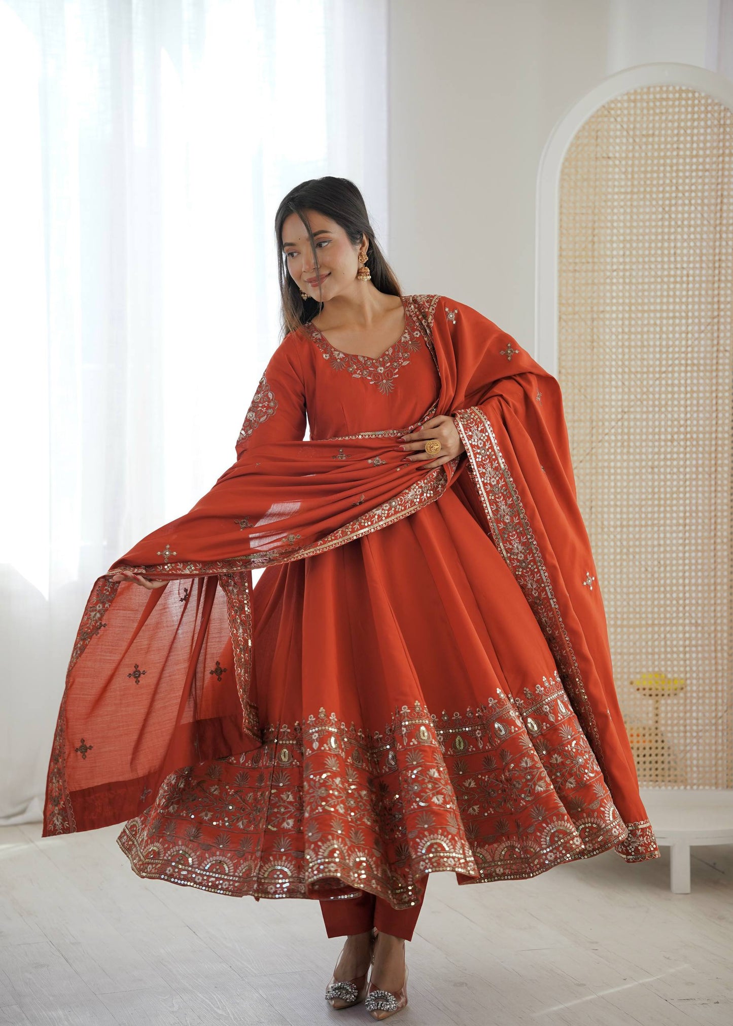 Arti Chauhan Wear Orange Color Sequence Embroidered Anarkali Suit With Dupatta