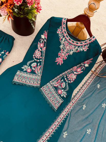 Designer Green Color Faux Georgette Panjabi Dhoti Suit Set with Embroidered Top & Dupatta