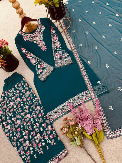 Designer Green Color Faux Georgette Panjabi Dhoti Suit Set with Embroidered Top & Dupatta