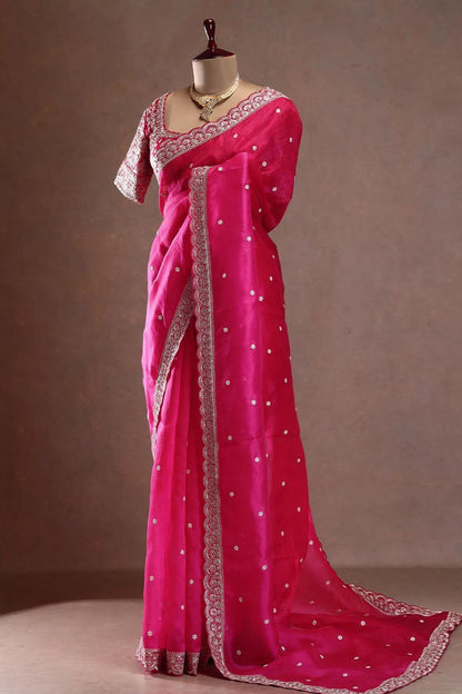 Wedding Wear Pink Color Sequin With Embroidered Beautiful Saree