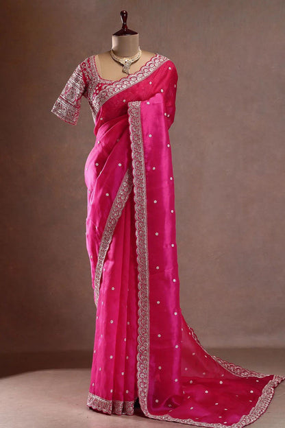 Wedding Wear Pink Color Sequin With Embroidered Beautiful Saree