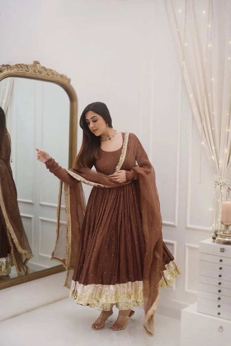 Festive Wear Brown Color Heavy Faux Georgette Moti Work Beautiful Gown