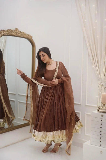 Festive Wear Brown Color Heavy Faux Georgette Moti Work Beautiful Gown