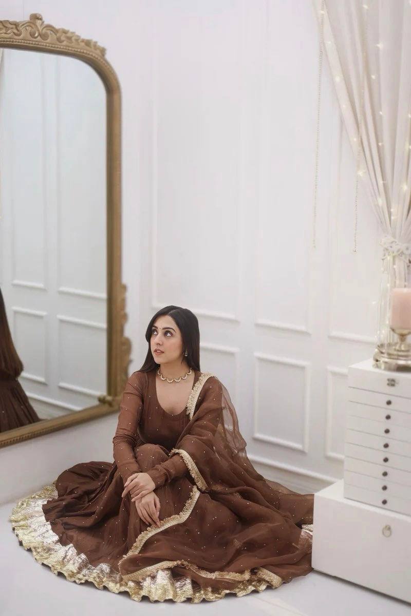 Festive Wear Brown Color Heavy Faux Georgette Moti Work Beautiful Gown