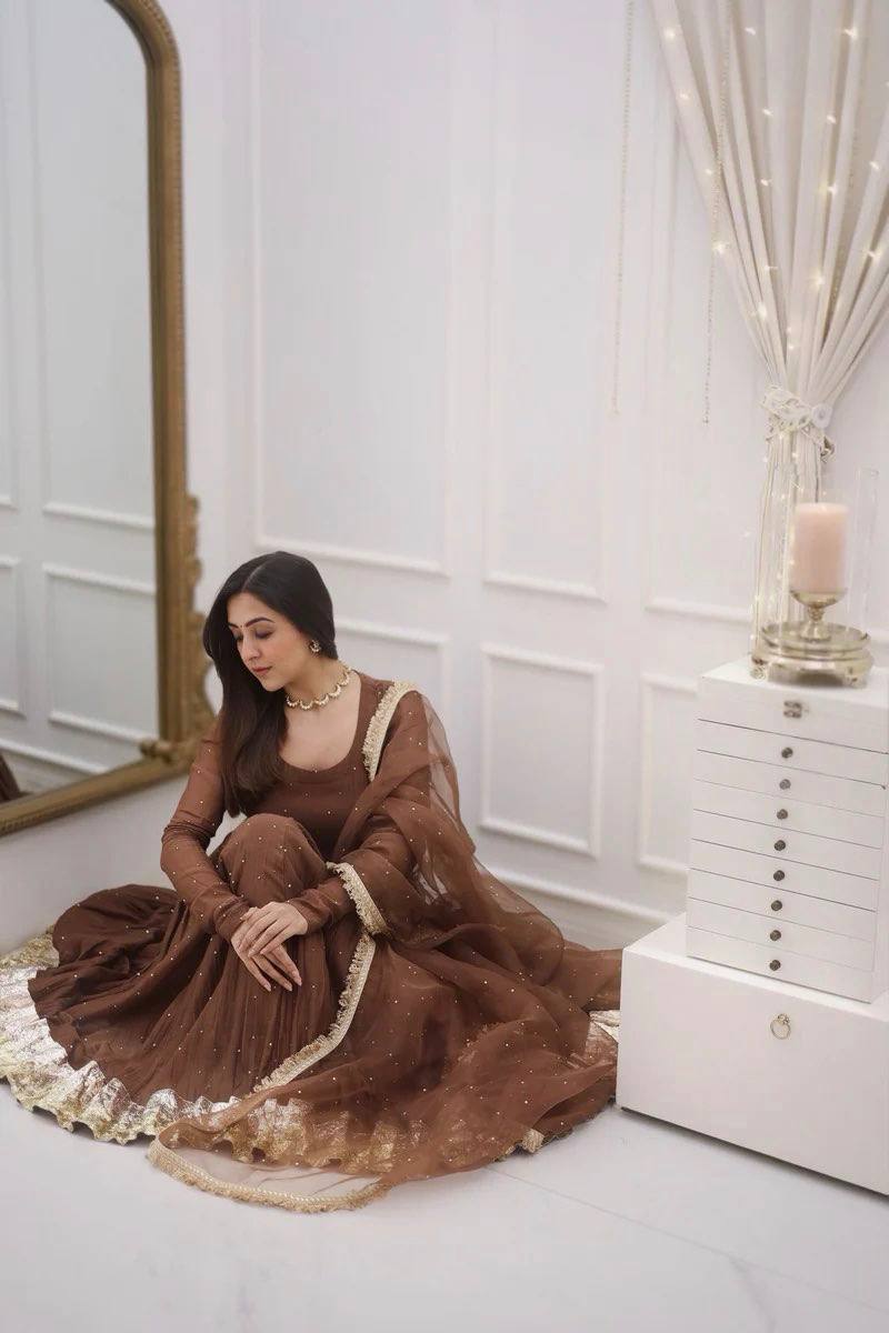 Festive Wear Brown Color Heavy Faux Georgette Moti Work Beautiful Gown