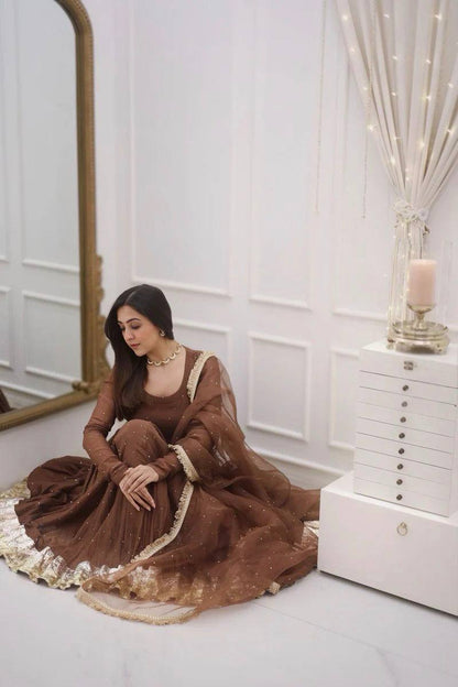 Festive Wear Brown Color Heavy Faux Georgette Moti Work Beautiful Gown