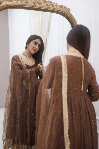 Festive Wear Brown Color Heavy Faux Georgette Moti Work Beautiful Gown
