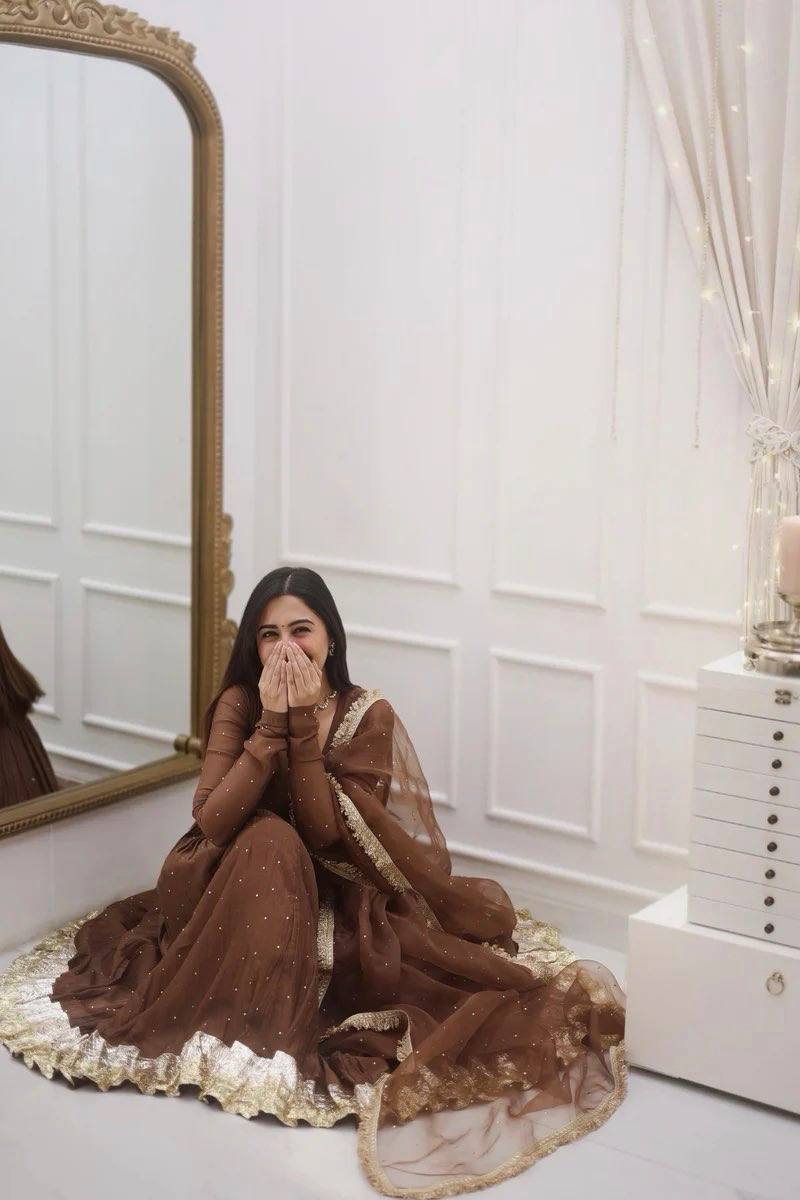 Festive Wear Brown Color Heavy Faux Georgette Moti Work Beautiful Gown