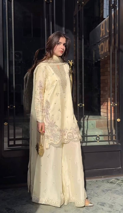 Presenting Off White Color Sequence Embroidered Sharara Suit With Dupatta