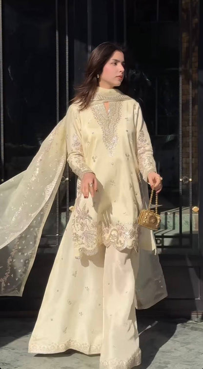 Presenting Off White Color Sequence Embroidered Sharara Suit With Dupatta