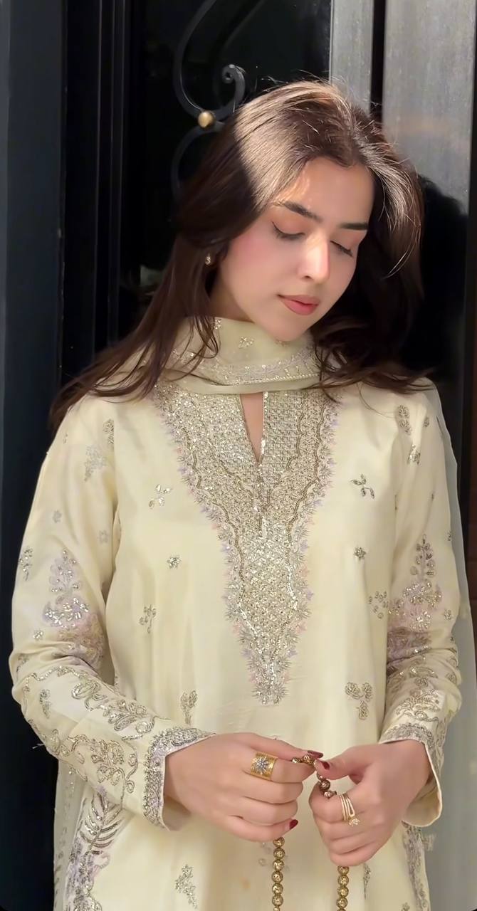 Presenting Off White Color Sequence Embroidered Sharara Suit With Dupatta