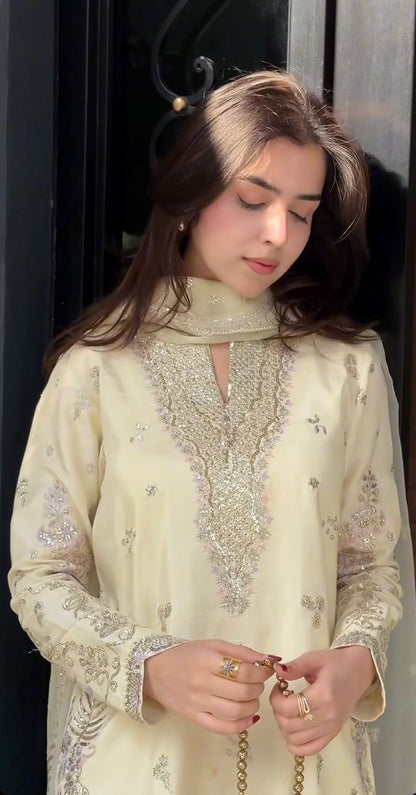 Presenting Off White Color Sequence Embroidered Sharara Suit With Dupatta