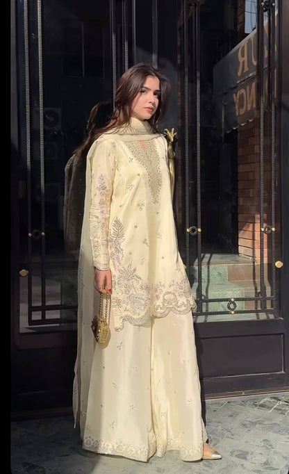 Presenting Off White Color Sequence Embroidered Sharara Suit With Dupatta