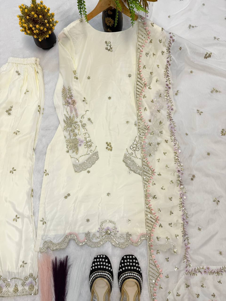 Party Wear Off White Color Sequence Embroidered Sharara Suit With Dupatta