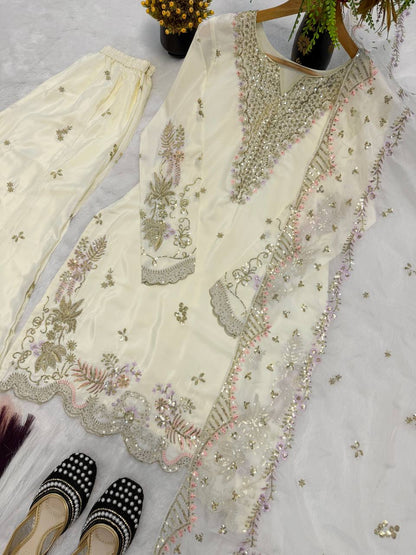 Party Wear Off White Color Sequence Embroidered Sharara Suit With Dupatta