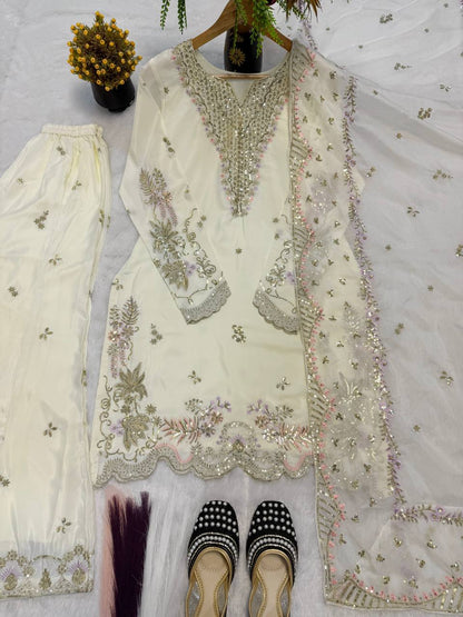 Party Wear Off White Color Sequence Embroidered Sharara Suit With Dupatta