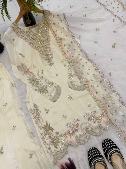 Party Wear Off White Color Sequence Embroidered Sharara Suit With Dupatta