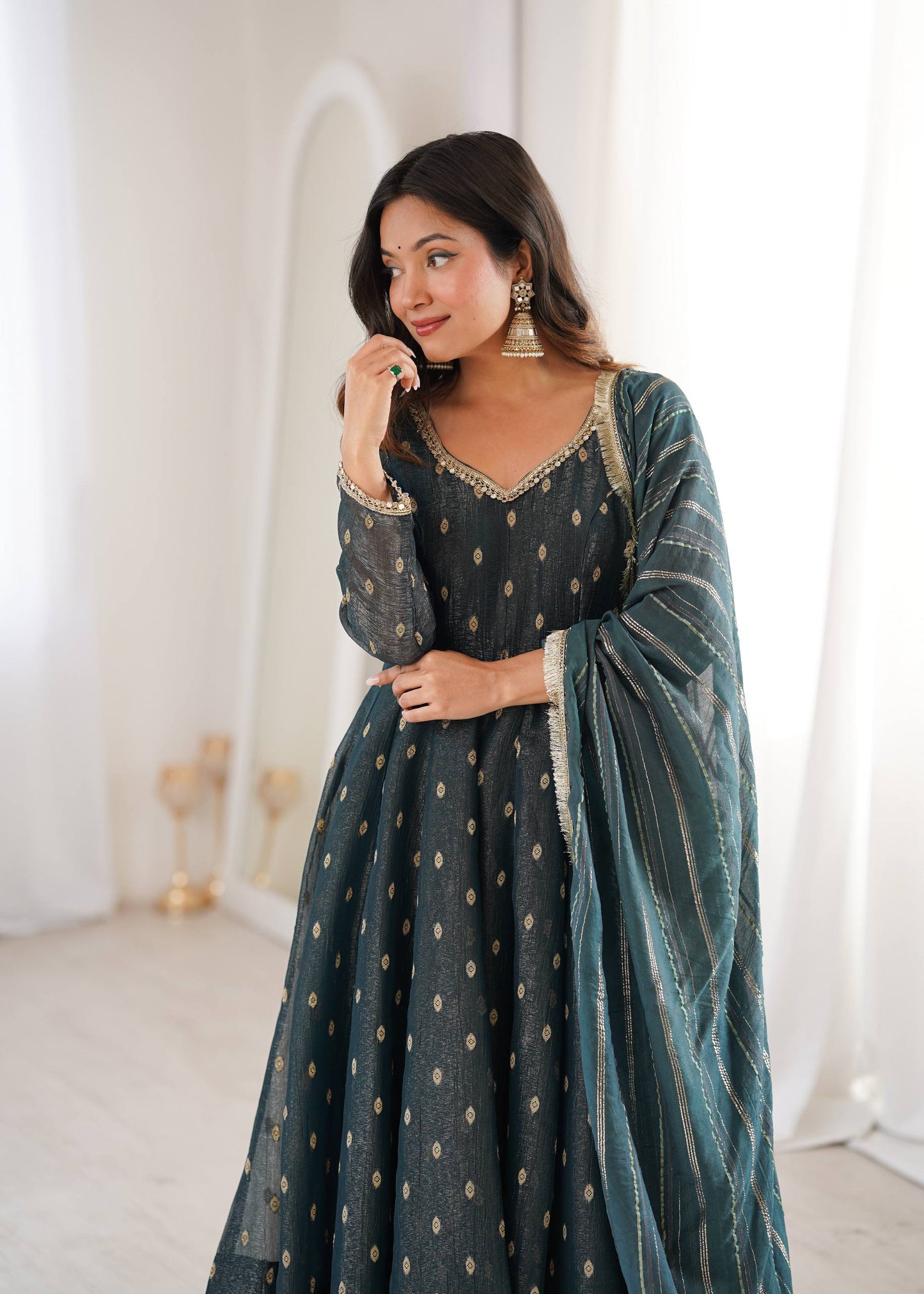 Arti Chauhan Wear Grey Color Heavy Crunchy Silk Anarkali Gown with Dupatta