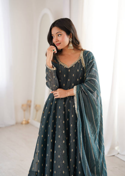 Arti Chauhan Wear Grey Color Heavy Crunchy Silk Anarkali Gown with Dupatta