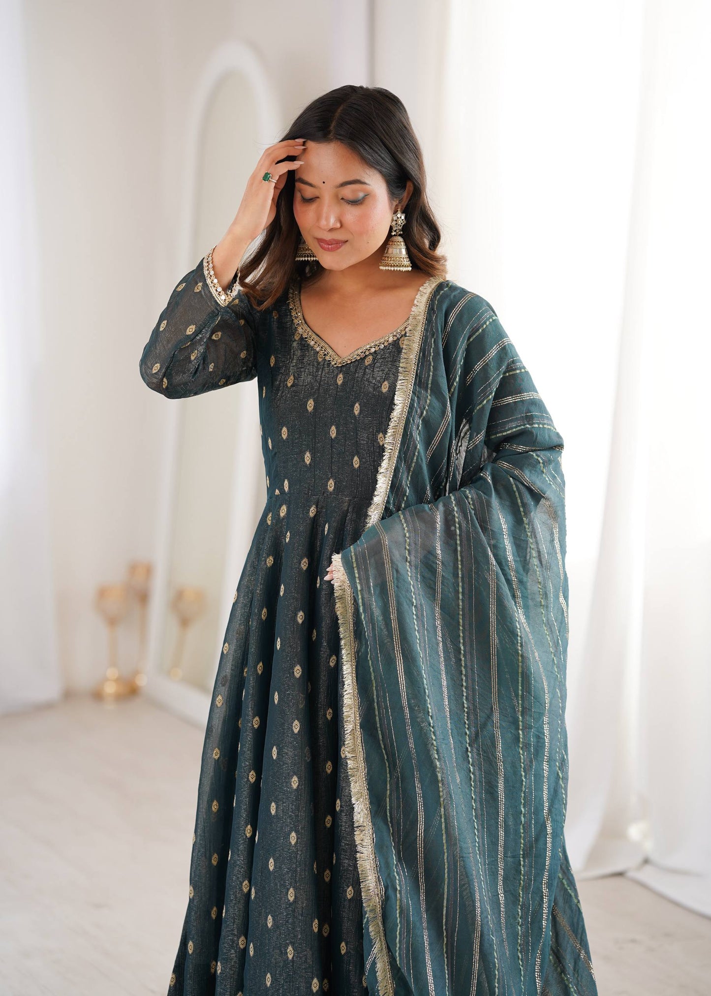 Arti Chauhan Wear Grey Color Heavy Crunchy Silk Anarkali Gown with Dupatta
