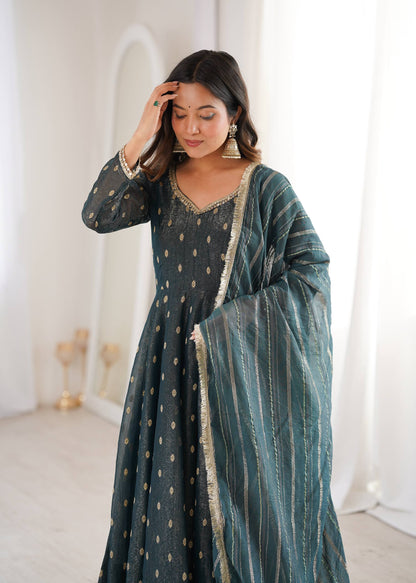 Arti Chauhan Wear Grey Color Heavy Crunchy Silk Anarkali Gown with Dupatta