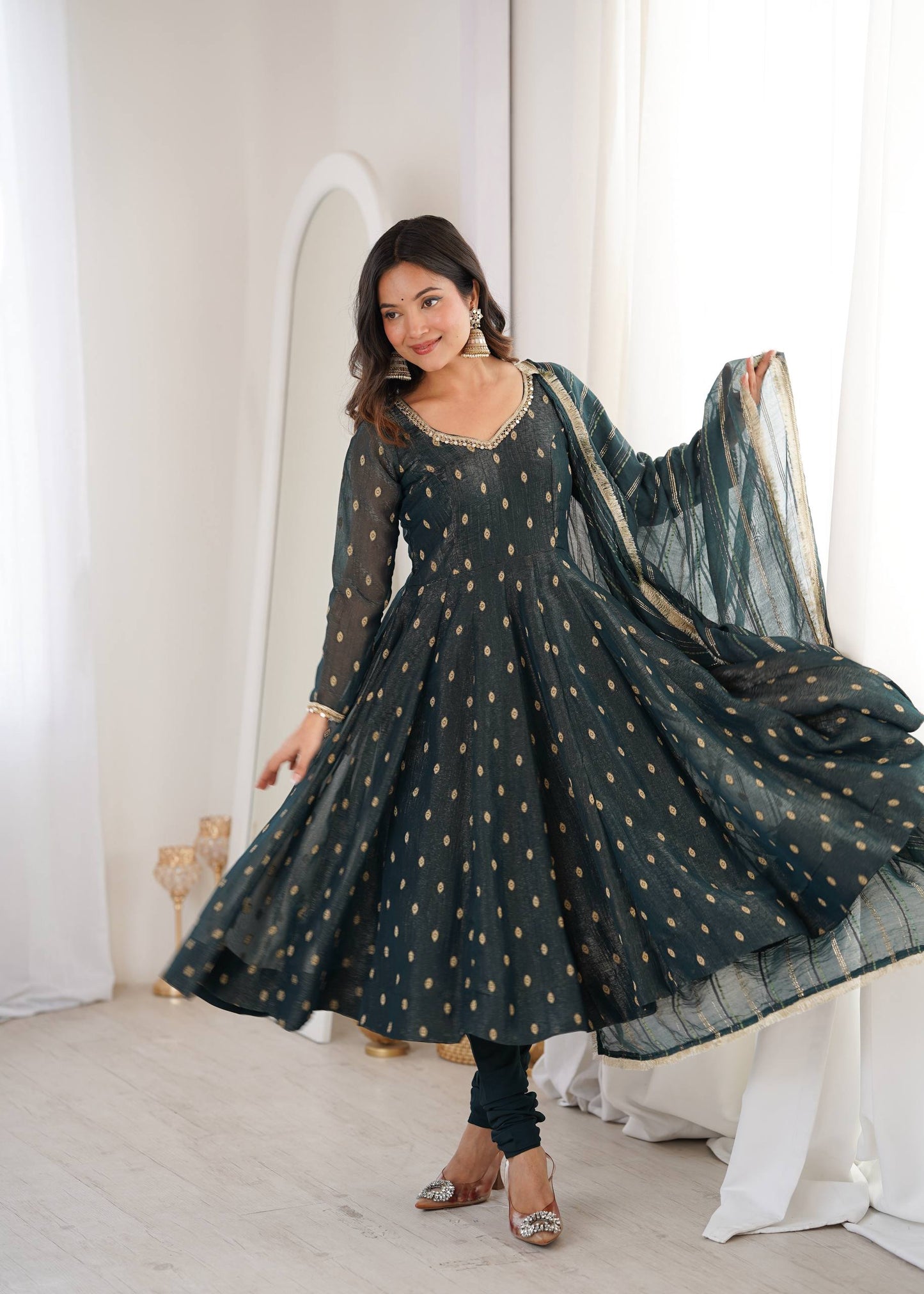 Arti Chauhan Wear Grey Color Heavy Crunchy Silk Anarkali Gown with Dupatta