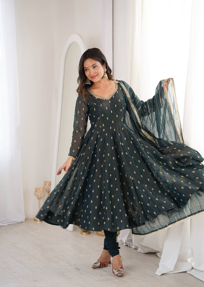 Arti Chauhan Wear Grey Color Heavy Crunchy Silk Anarkali Gown with Dupatta