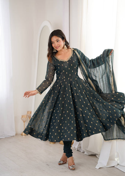 Arti Chauhan Wear Grey Color Heavy Crunchy Silk Anarkali Gown with Dupatta