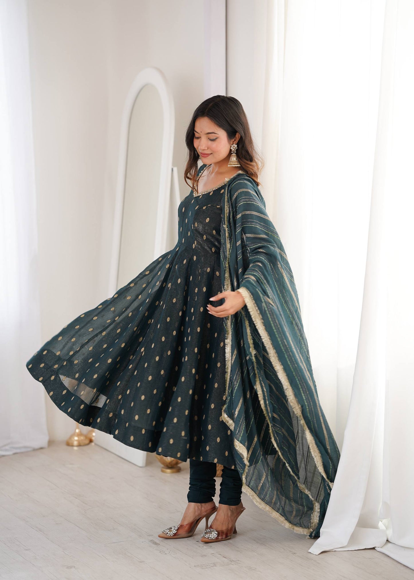 Arti Chauhan Wear Grey Color Heavy Crunchy Silk Anarkali Gown with Dupatta