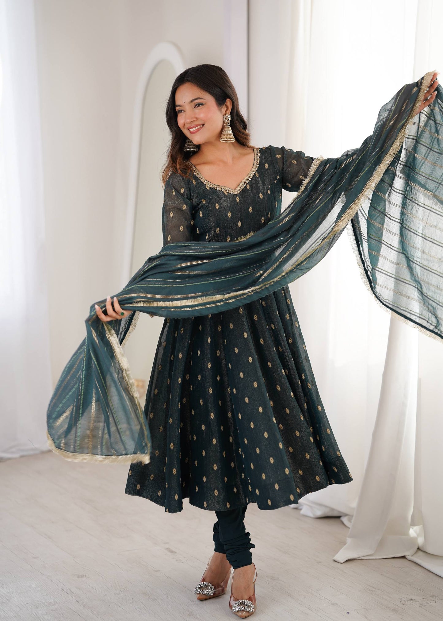 Arti Chauhan Wear Grey Color Heavy Crunchy Silk Anarkali Gown with Dupatta