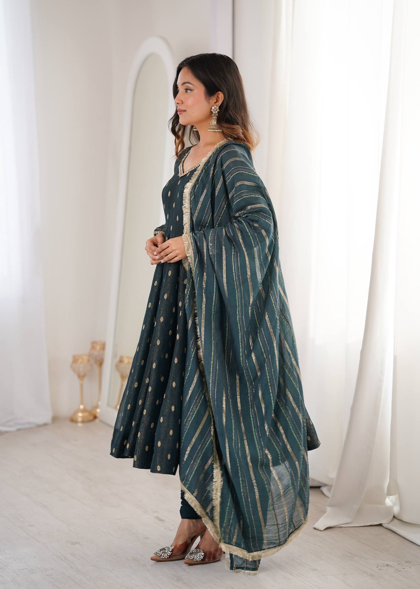 Arti Chauhan Wear Grey Color Heavy Crunchy Silk Anarkali Gown with Dupatta