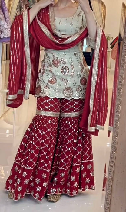 Festive Wear Cream And Maroon Color Sequins Embroidered Ready To Wear Sharara Suit