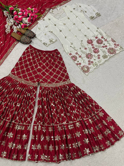 Festive Wear Cream And Maroon Color Sequins Embroidered Ready To Wear Sharara Suit